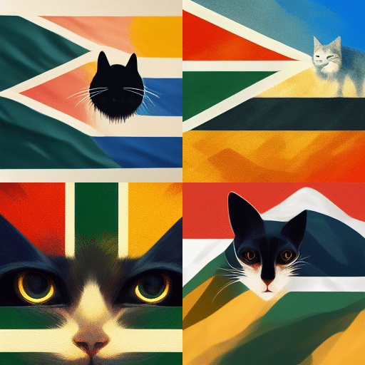 A Cat looking up at a South African flag, digital art created by midjourney
