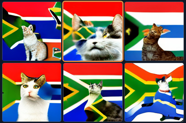 A Cat looking up at a South African flag, digital art by craiyon