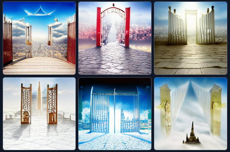 ai generated images of The Gates to heaven opening and revealing the view of a Gigantic Wonderous City craiyon dallemini