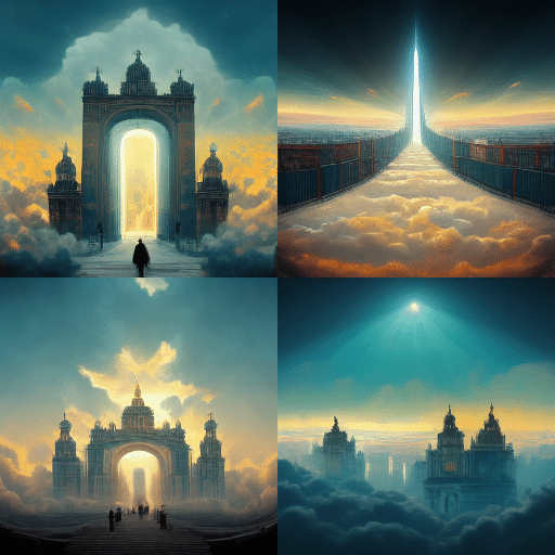 The Gates to heaven opening and revealing the view of a Gigantic Wonderous City from midjourney