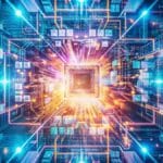 Abstract visualization of AI data processing and neural information flow inside a digital core.