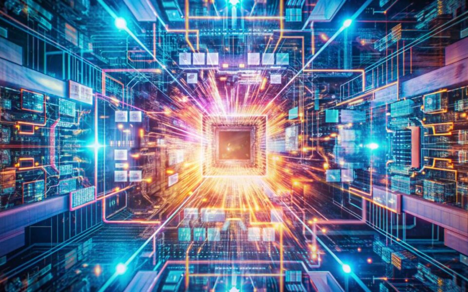 Abstract visualization of AI data processing and neural information flow inside a digital core.