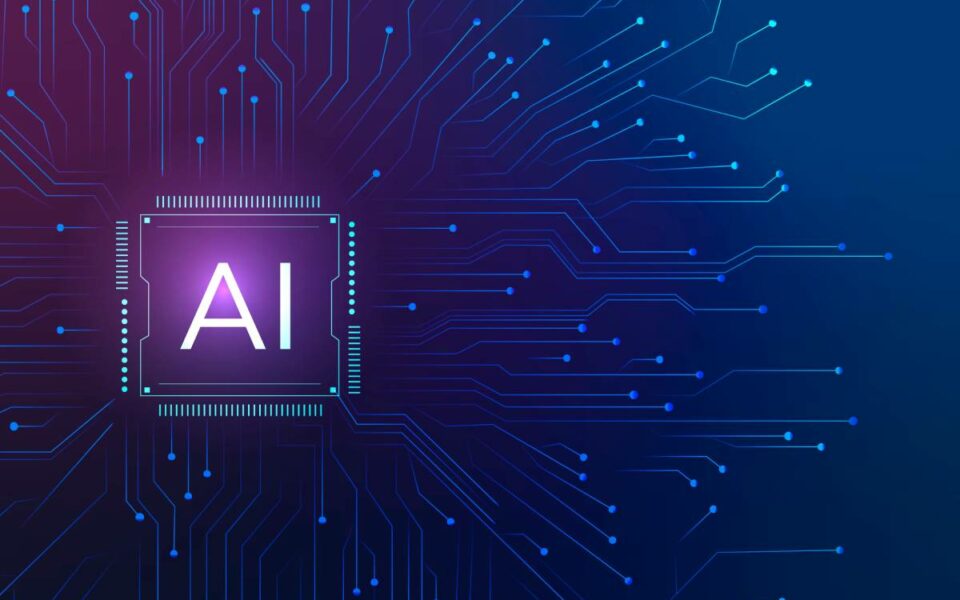 Artificial intelligence chip with digital data connections symbolizing Edge AI and local machine learning on devices.