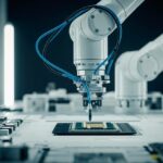 Ramię robotyczne montujące układ scalony – symbol zaawansowanej robotyki AI w Chinach oraz wyzwań w zakresie ruchu, percepcji i podejmowania decyzji.