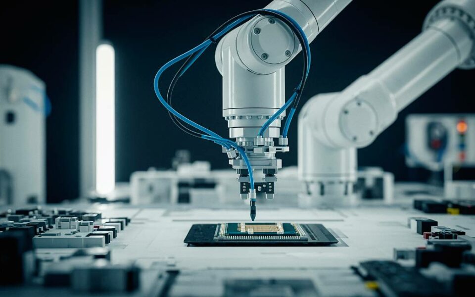 Ramię robotyczne montujące układ scalony – symbol zaawansowanej robotyki AI w Chinach oraz wyzwań w zakresie ruchu, percepcji i podejmowania decyzji.