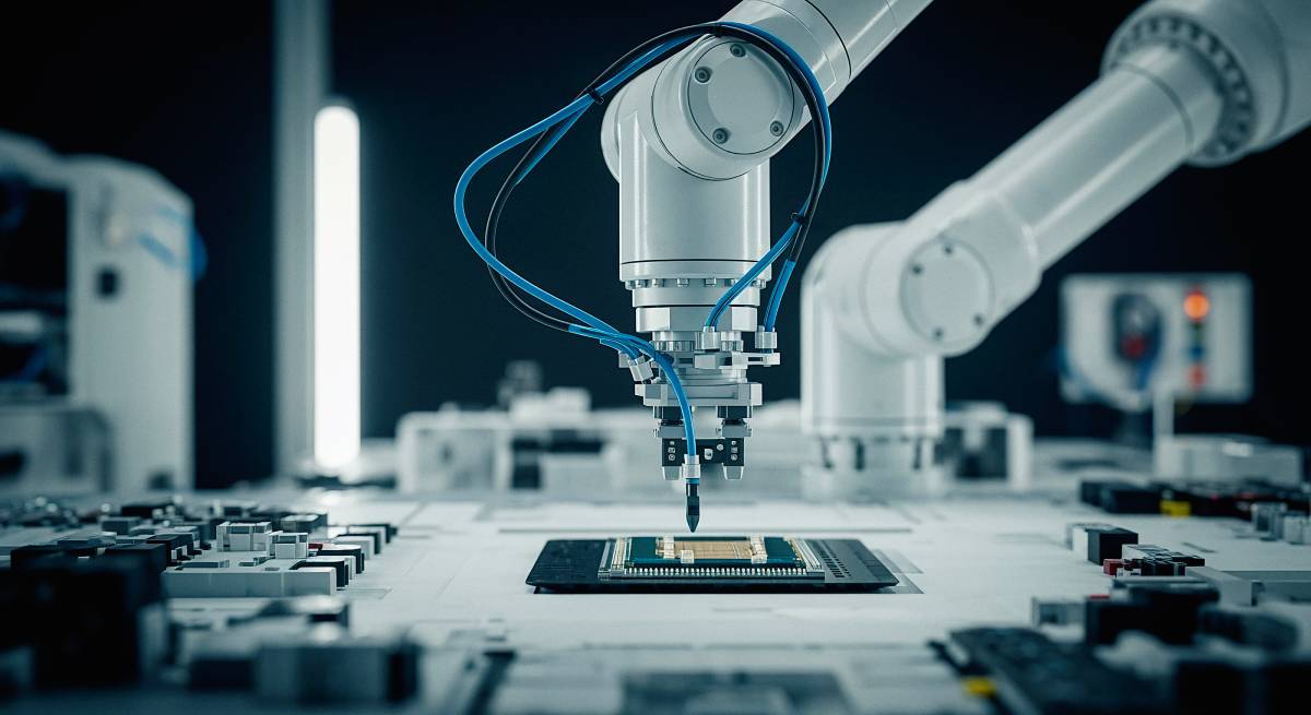 Ramię robotyczne montujące układ scalony – symbol zaawansowanej robotyki AI w Chinach oraz wyzwań w zakresie ruchu, percepcji i podejmowania decyzji.