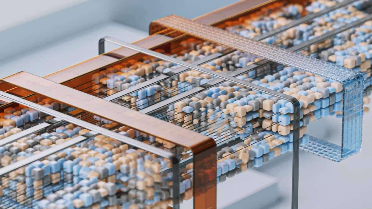 Abstract data blocks moving through transparent architecture layers representing memory and context management in autonomous AI systems
